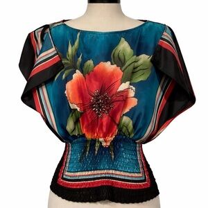 Forever 21 Floral Kimono Blouse  Blue Red Smocked Waist Boho Tropical Boho Top